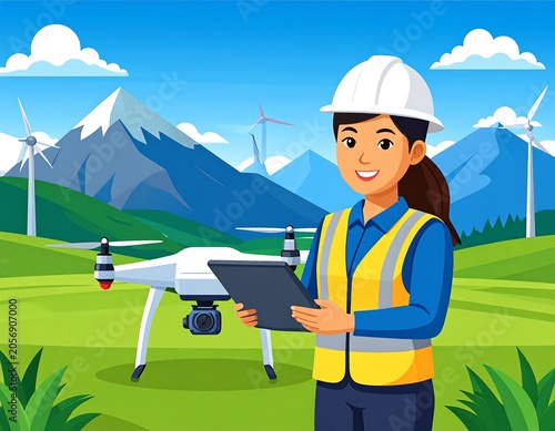 Smiling Female Engineer Operating Drone with Tablet in Mountain Wind Farm Landscape
