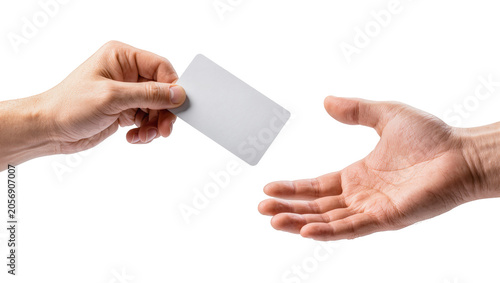 Cuadro en lienzo Isolated male hand giving blank white plastic card to another person's hand for