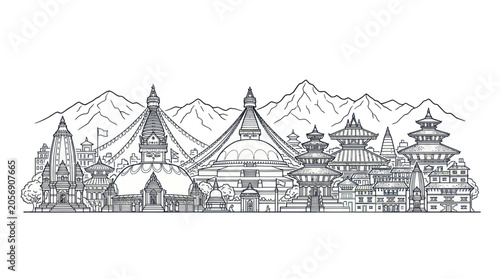 Photos Kathmandu Skyline Drawing: Boudhanath Stupa, Temples, Mountains - Nepal