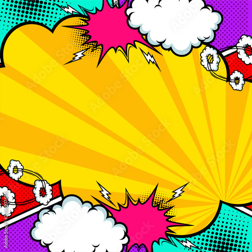 Pop Art Comic Book Background with Speech Bubbles and Explosion Effects