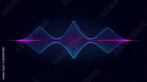 3D neon blue and purple glowing sound wave frequency spectrum equalizer visualization over a dark background for digital audio concepts.