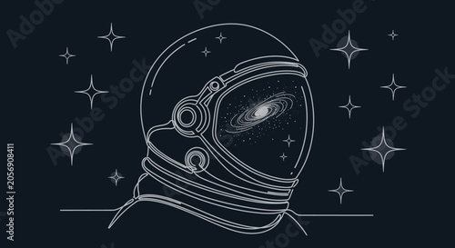 Minimalist Line Art Astronaut Helmet with Galaxy Reflection