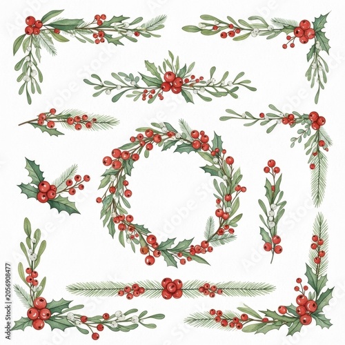 Christmas Wreath and Decorative Elements with Holly Berries and Greenery.