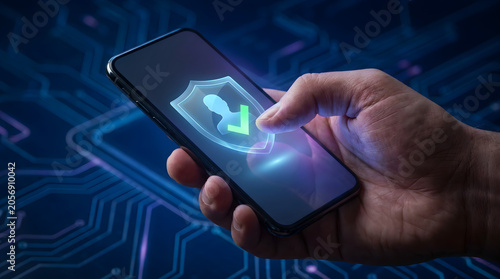 Secure mobile phone access with biometric user verification and data protection shield on digital circuit board background illustration