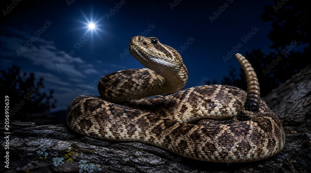 Obraz premium Coiled rattlesnake under the bright full moon at night.