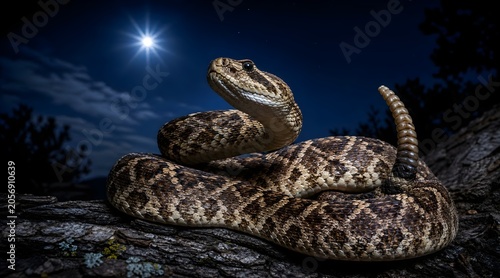 Coiled rattlesnake under the bright full moon at night.