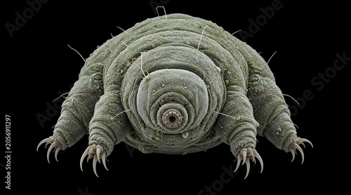 Scanning electron micrograph of a tardigrade water bear on a black background.