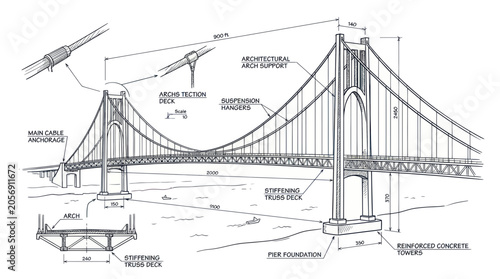 Suspension Bridge Engineering Blueprint: Detailed Diagram with Annotations