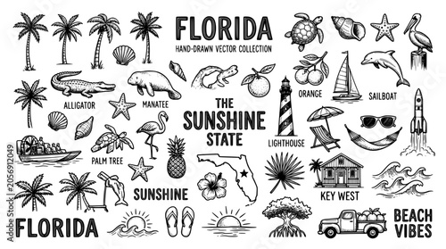 Florida handdrawn vector collection, the sunshine state icons set