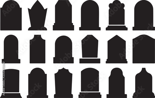Collection of tombstone silhouettes in various shapes and sizes against transparent background.