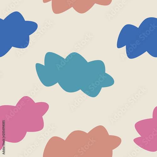 Abstract minimalist seamless pattern with colorful organic blob shapes on cream background. Modern mid-century geometric vector illustration for kids pajamas, nursery decor and textile.
