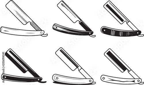 Konstfotografi Collection of straight razor icons for barber shop branding showing different handle styles and blade mechanics in black finish