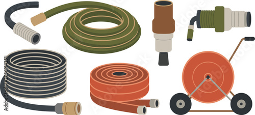 Photos Gardening hose collection with coiled tubes and irrigation accessories for watering lawn plants and domestic landscaping tasks