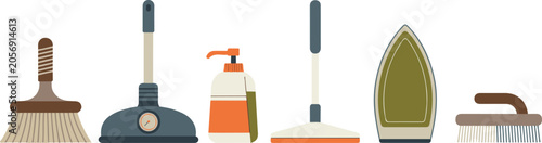Foto Set of various home cleaning tools featuring floor mop broom spray bottle iron and scrubbing brush on transparent background