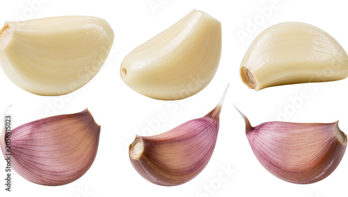 Obraz na płótnie Isolated peeled and unpeeled garlic cloves with purple skin, fresh raw seasoning