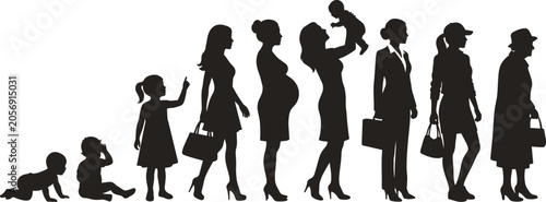 Female life cycle silhouette set illustrating human aging stages from baby to pregnancy motherhood and senior woman