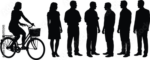 Group of casual people silhouettes standing in a line and woman riding bicycle isolated on white background