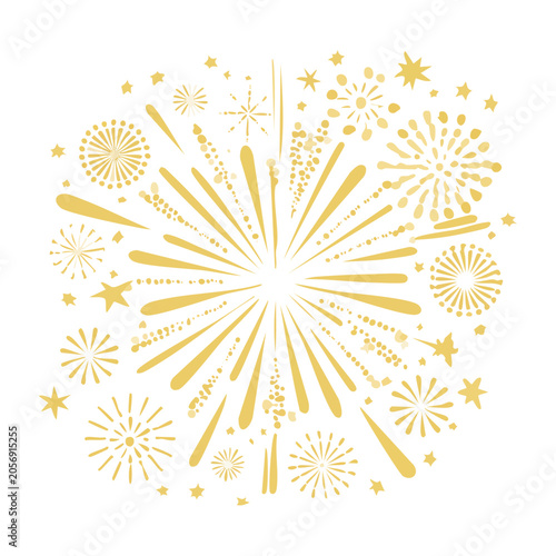 Golden firework burst and stars on white background