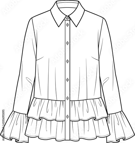 Bild auf Leinwand Women long sleeve blouse fashion technical sketch with ruffled peplum hem and ti