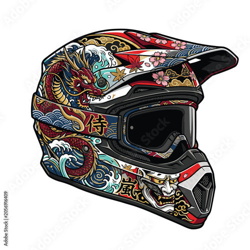 Japanese art painting style motocross helmet vector image for t-shirts | Vektorgrafik eines Motocross-Helms im japanischen Malstil für T-Shirts