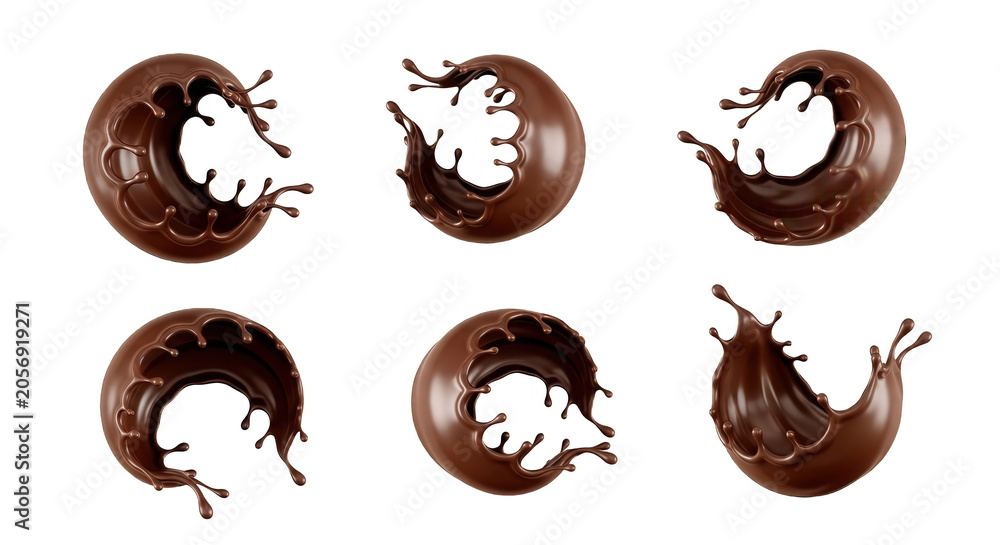 Fototapeta premium chocolate splashes six liquid chocolate splashes against a white backdrop dessert or culinary advertising use