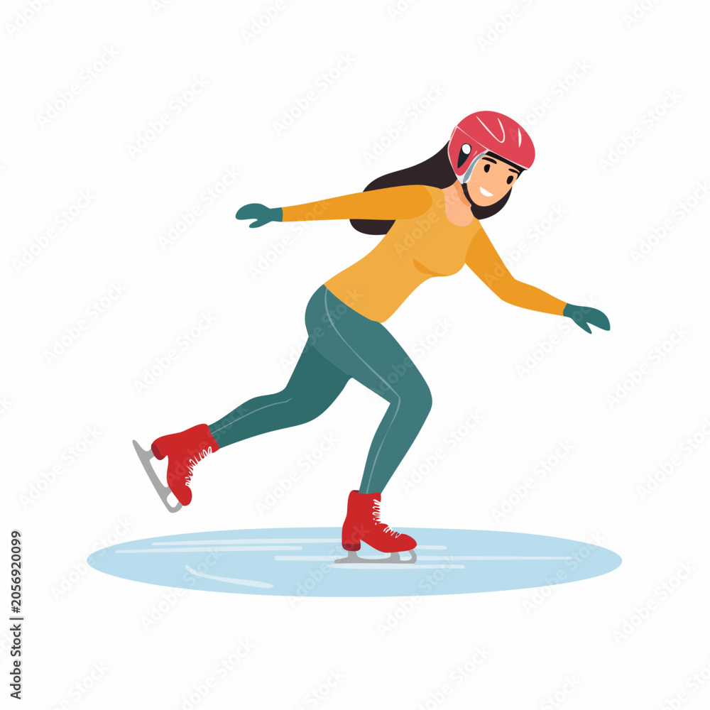 Obraz premium Woman Ice Skating with Helmet and Red Skates