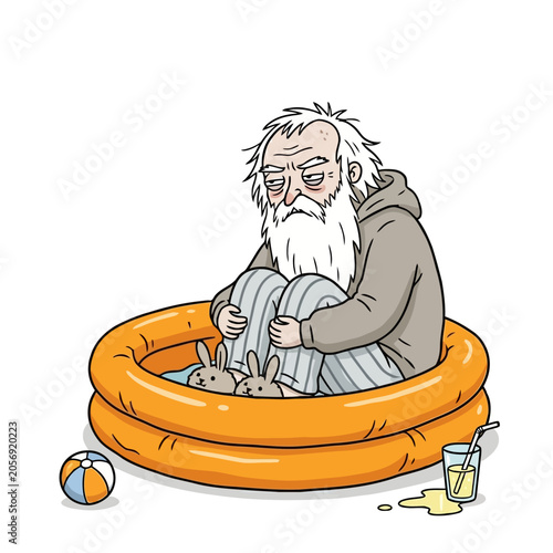 Foto Sad old man with white beard in inflatable pool with rubber bunnies, looking dejected, childhood memories, melancholic mood