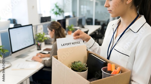 Woman Leaving Office with Layoff Notice and Box of Belongings