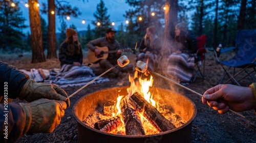 A group of friends enjoy a cozy campfire in the woods at dusk, roasting marshmallows and playing music. String lights add a festive atmosphere to their campsite