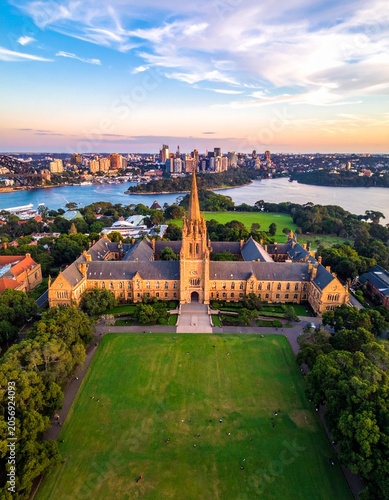 Majestic university spire at sunset