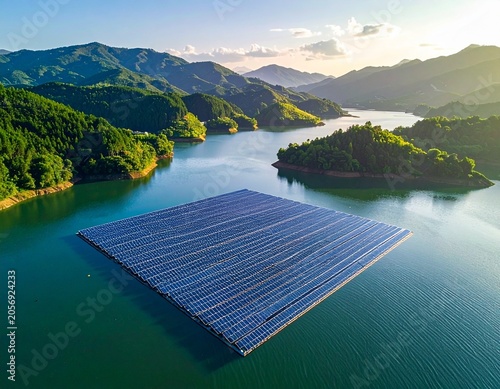 Floating solar farm on tranquil lake
