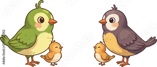 Canvas Print Cute green and brown birds with their chicks, adorable family illustration, wild
