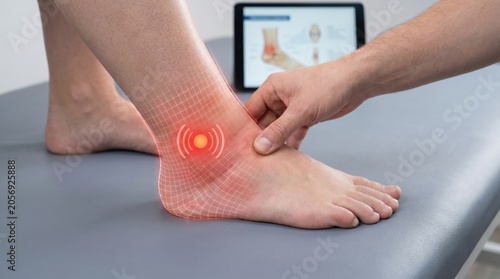 Professional Medical Diagnosis of Ankle Sprain Injury with Digital Pain Indicator and Healthcare Tablet in Background