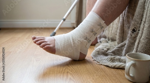 Injured person sitting at home with a bandaged ankle and a crutch representing recovery from a painful joint sprain
