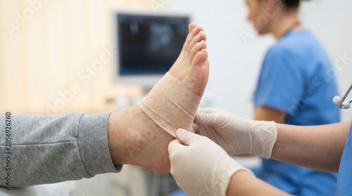 Doctor applying elastic bandage to a patient with an ankle sprain injury in a professional medical clinic setting