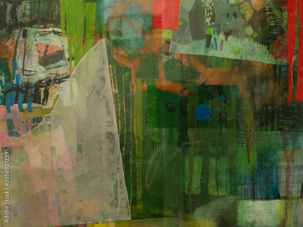 Fototapeta premium Abstract painting with green field and red accent strip