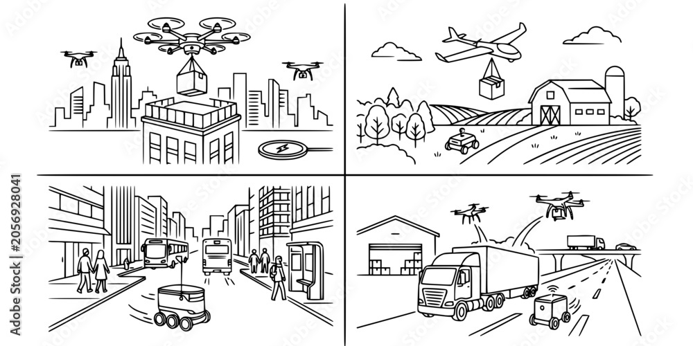 Naklejka premium Delivery Drone and Robot Ecosystem Icons, Minimalist Logistics Vector Set