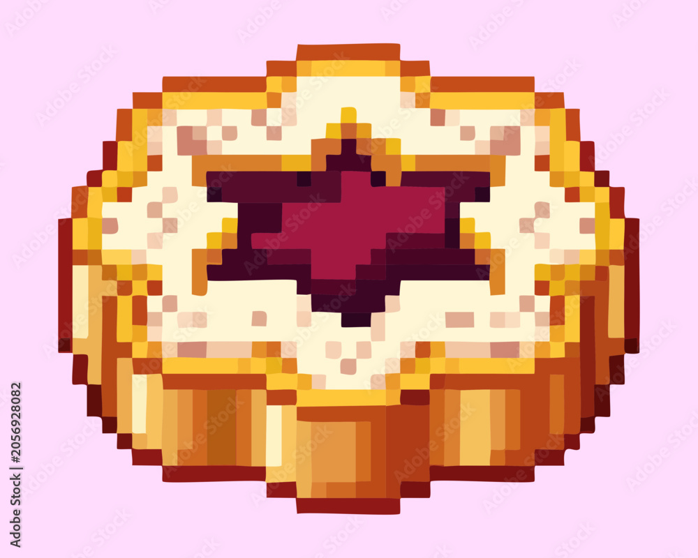 Fototapeta premium Delicious sweet biscuit cookie pastry filled with red strawberry jam star center for bakery shop game pixel art digital illustration vector
