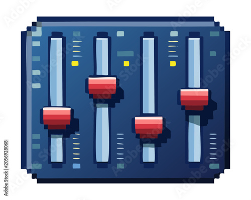 Obraz na plátně Professional blue audio sound mixing board console with multiple red fader slide