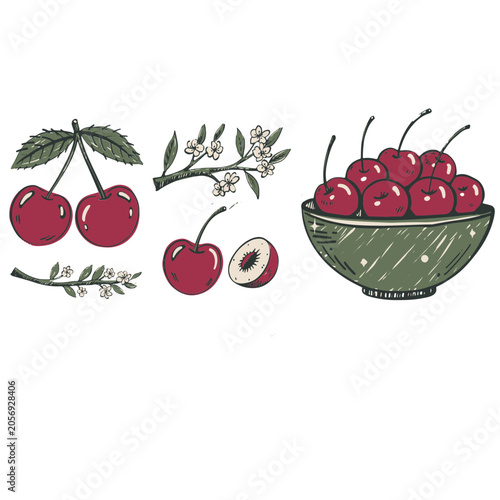 Cherry Set Hand Drawn Vector Illustration Bundle with Fruit Bowl Branch Blossom Clipart