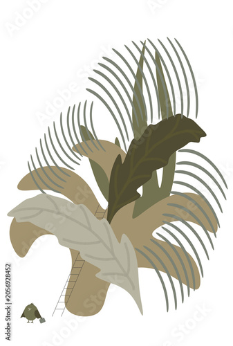 Funny bird with a briefcase, staircase from a stylized tree.