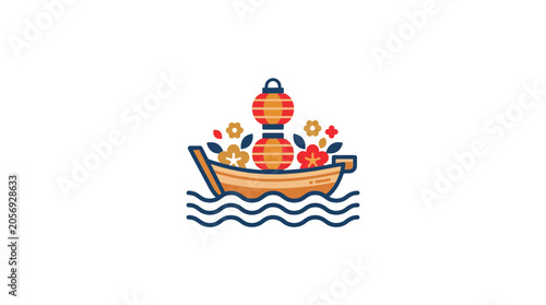 Принти на полотні Japanese Boat with Lanterns and Flowers, Traditional Travel Icon