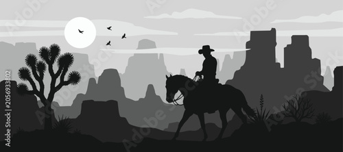 Cowboy Horse Desert Landscape Banner Monochrome Background