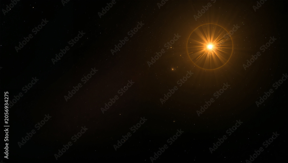 Fototapeta premium 暗い宇宙で金色の恒星が強い光を放つ背景
