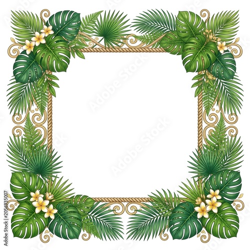 Elegant tropical square frame with monstera leaves, palm, frangipani flowers, rope elements and gold tendrils for invitation card design.
