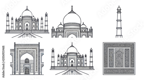 Bild auf Leinwand Taj Mahal Illustrations: Architectural Details, Facades, and Minarets