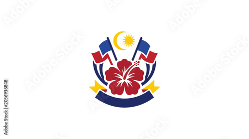 Malaysia National Day Emblem with Hibiscus Flower and Crescent Moon