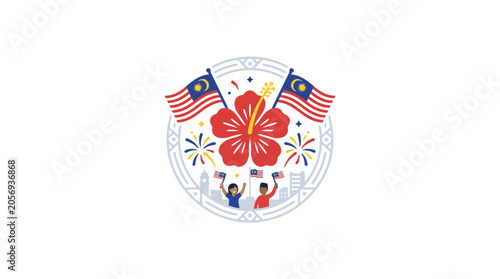 Malaysia National Day Celebration Illustration with Hibiscus and Flags