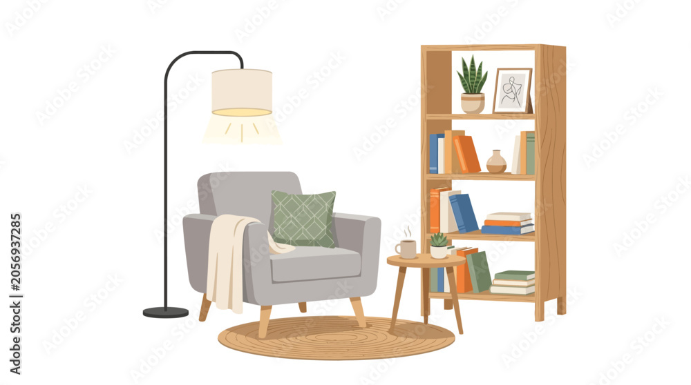 Fototapeta premium A cozy living room scene with a comfortable armchair, floor lamp, and bookshelf.