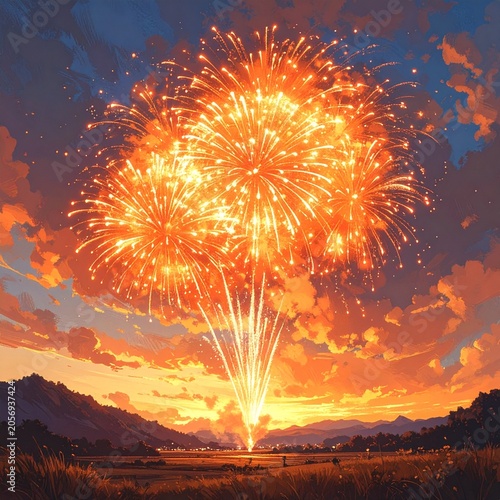 Fiery sky bursts over land